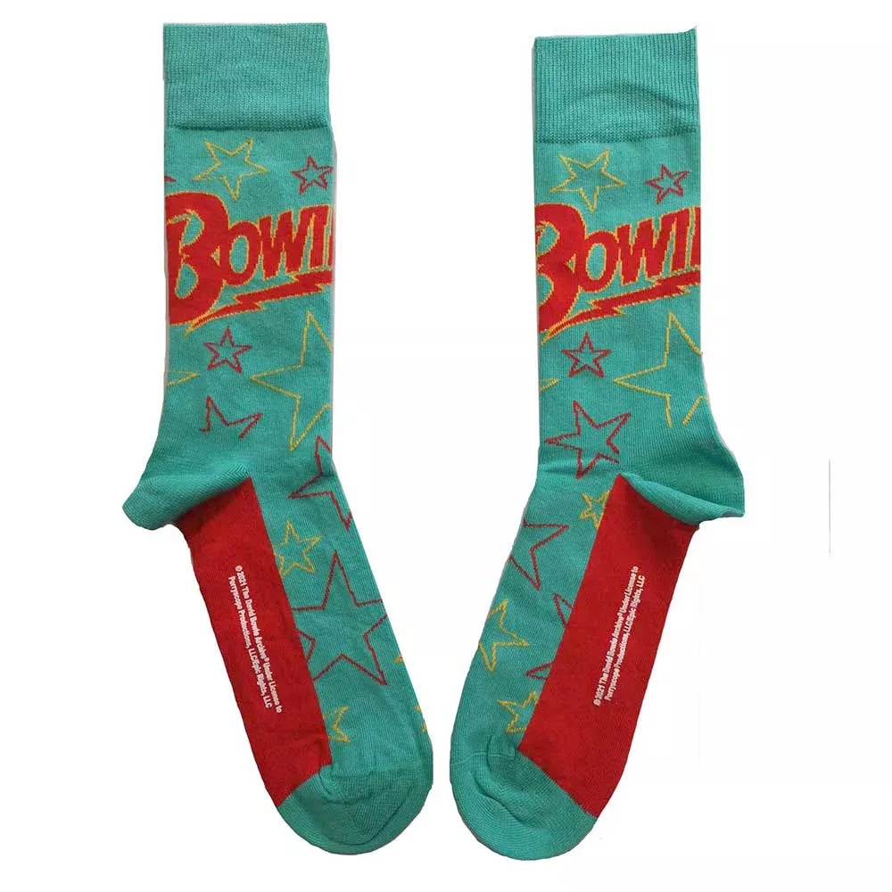 David Bowie Stars Socks. A pair of socks with 70s style Bowie type. Stars pattern. Teal legs, heel, toe and cuff. 