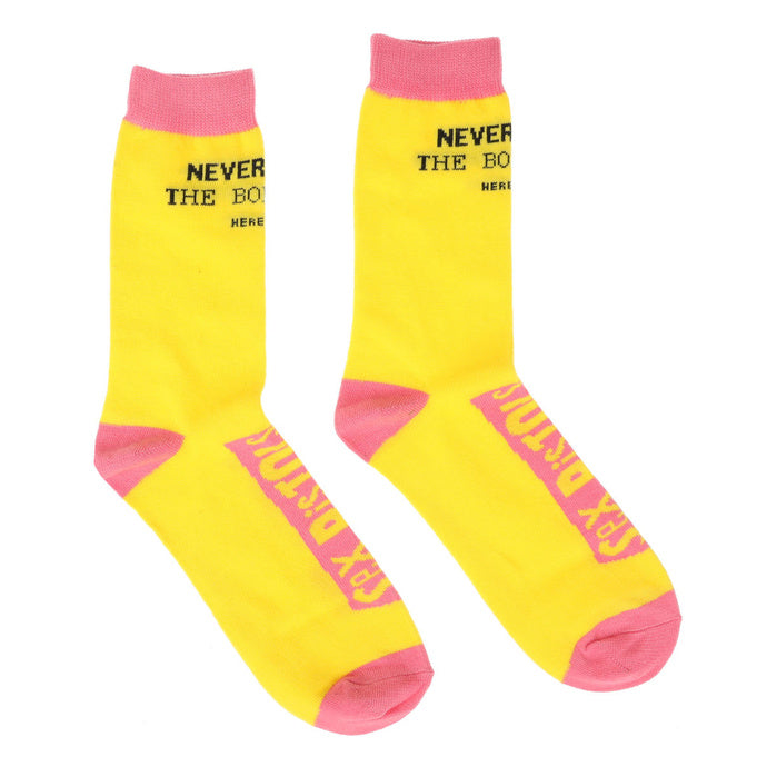 Sex Pistols NMTB Socks. A pair of socks with the Sex Pistols logo. Yellow legs, pink heel toe and cuff. 