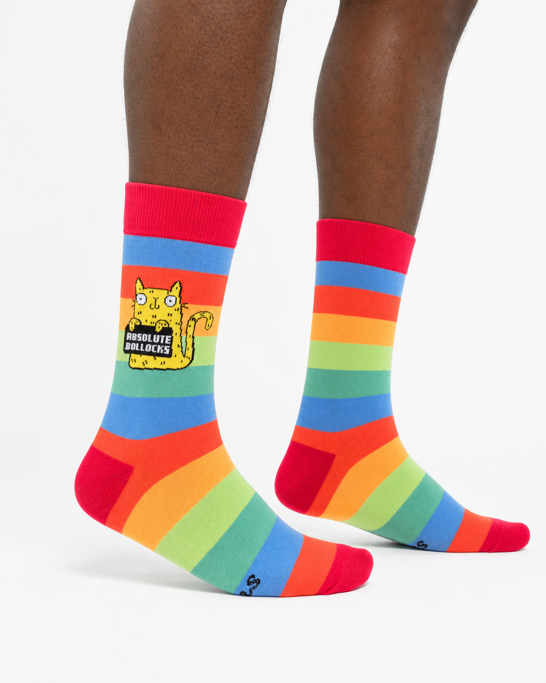 A pair of rainbow-striped crew socks worn on a person's feet, featuring a yellow cartoon cat graphic with the text 'Absolute Bollocks' on the left sock, against a clean white background.